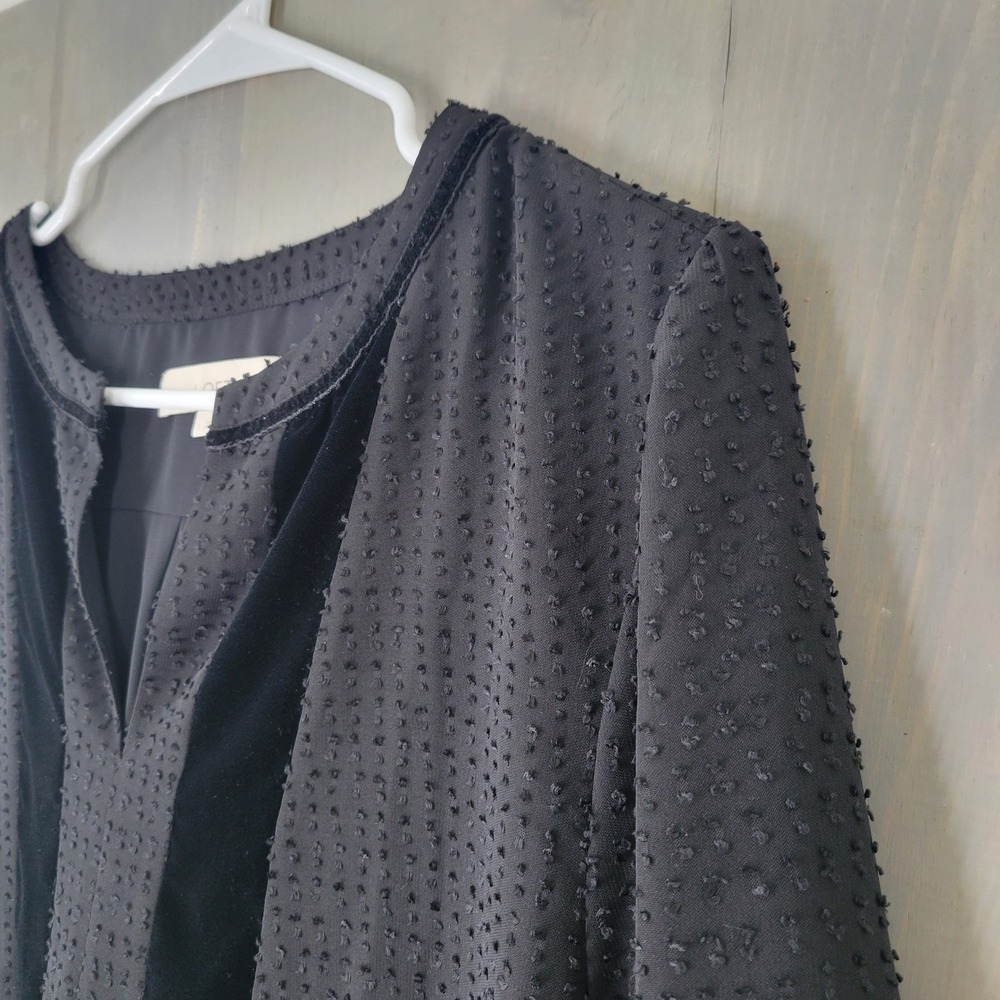 LOFT Blouse Women Large Black Clip Dot Velvet Trim Split Neck Long Sleeve Top - Picture 3 of 8